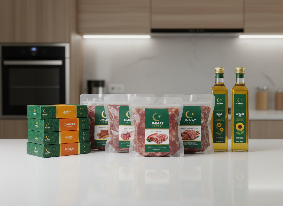 A clean, minimal arrangement of premium halal packaged foods featuring UMMAT FOODS branding, including neatly stacked boxes of spices, vacuum-sealed meat products, and bottled cooking oils, all with a consistent emerald green and gold color palette and a subtle crescent motif. The products are arranged on a matte white surface with a faint reflection, against a softly blurred neutral background that hints at a modern kitchen. Soft studio lighting from the left creates gentle highlights on the packaging and crisp yet delicate shadows, emphasizing clarity and quality. Shot at eye level with sharp focus throughout, the composition follows the rule of thirds, conveying professionalism, purity, and trust through photographic realism and a clean, contemporary aesthetic suitable for a global halal brand homepage hero image.