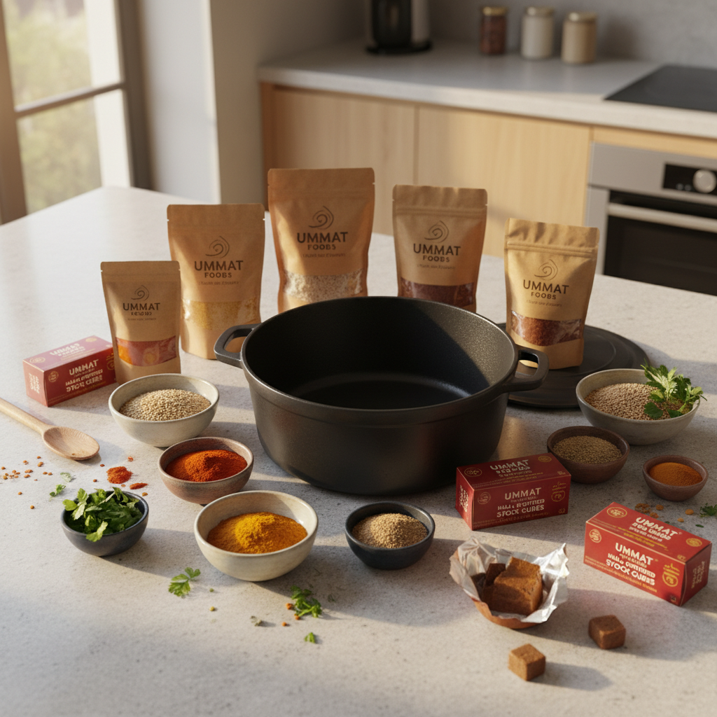 A warm, inviting kitchen countertop scene showcasing UMMAT FOODS ingredients arranged around a large, empty, high-quality cast-iron pot on a smooth light-stone surface. Branded packets of spices, grains, and halal-certified stock cubes lie partially opened, with their contents neatly poured into small ceramic bowls. Soft late-afternoon natural light streams from a nearby window, creating golden highlights on the packaging and gentle shadows stretching across the counter. The background subtly suggests modern cabinetry, blurred to keep focus on the foreground. The overall mood is comforting and homely yet professional, with photographic realism and a balanced, three-quarter overhead angle that conveys how UMMAT FOODS products integrate seamlessly into everyday cooking while remaining true to tradition.
