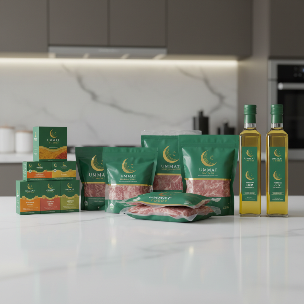 A clean, minimal arrangement of premium halal packaged foods featuring UMMAT FOODS branding, including neatly stacked boxes of spices, vacuum-sealed meat products, and bottled cooking oils, all with a consistent emerald green and gold color palette and a subtle crescent motif. The products are arranged on a matte white surface with a faint reflection, against a softly blurred neutral background that hints at a modern kitchen. Soft studio lighting from the left creates gentle highlights on the packaging and crisp yet delicate shadows, emphasizing clarity and quality. Shot at eye level with sharp focus throughout, the composition follows the rule of thirds, conveying professionalism, purity, and trust through photographic realism and a clean, contemporary aesthetic suitable for a global halal brand homepage hero image.