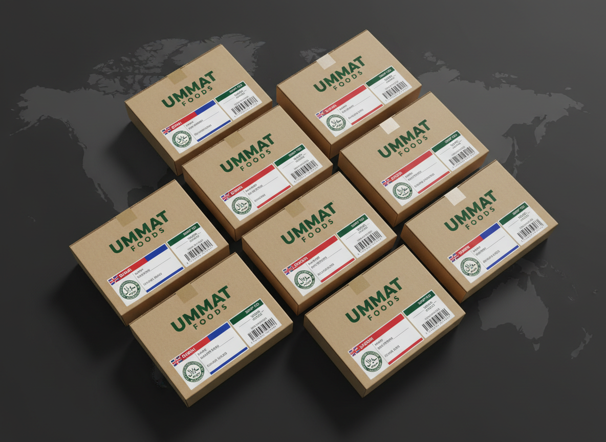 An elegant flat-lay composition of UMMAT FOODS export-ready cartons and shipping labels arranged on a dark charcoal background, featuring sturdy corrugated boxes with bold, clean logos, printed halal seals, and international destination stickers. A world map outline is faintly visible beneath as a subtle texture, suggesting global reach. Soft, directional studio lighting from the top right creates defined yet soft-edged shadows, emphasizing the structure of the boxes and the clarity of printed information. The color scheme centers on deep green, white, and muted gold, with small accents of red and blue on labels for visual interest. The mood is professional and aspirational, with sharp, photographic realism and a top-down view that communicates organized, reliable logistics for distributors.