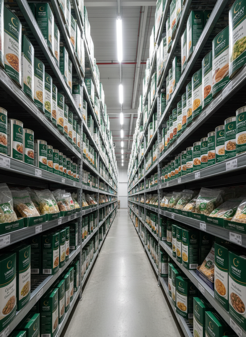 An organized shelf display of UMMAT FOODS halal products in a modern distribution warehouse, showing rows of neatly aligned cartons, tins, and pouches with consistent branding in deep green, white, and gold. The shelving is industrial yet spotless, with labeled boxes and barcodes clearly visible, suggesting efficiency and scale. Overhead LED lighting casts even, bright illumination with soft shadows under each product, highlighting textures such as matte cardboard, glossy labels, and transparent vacuum-sealed plastics. Captured from a slightly low, wide-angle perspective, the composition creates strong depth lines leading into the distance, reinforcing reliability, consistency, and readiness for global distribution in a photographic, documentary style.